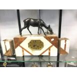 French marble Art Deco clock with garniture, bronzed deer bell,