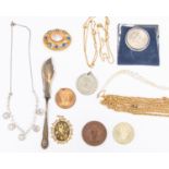 A parcel lot to include medallions, paste 1950's necklace, crown,