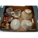 Three stone jelly moulds including one Wedgwood, with two Masons jugs and one Japanese style saucer,