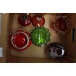 Cranberry glass, small oil lamp, flash glass powder bowl and cover,
