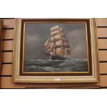 A circa 1950's unsigned oil on canvas of a clipper in full sail stormy skies