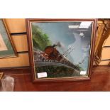 19th Century glass painting Steam Train, oil on glass,