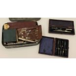 A George IV ebony and brass rule, templates, drawing pencil, compasses, tool kits, files,