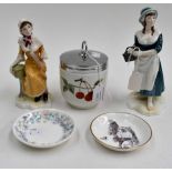Two figurines Crown Gwent ribbon seller, Crown Gwent cockle seller, Worcester pin tray,