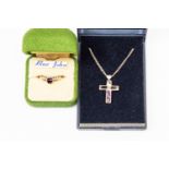 A Silver Blue John cross pendant and silver chain, with a silver Blue John set dress ring, size L,