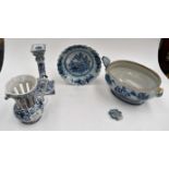 Collection of 18th and 19th Century blue and white items; tureen, candle stick,