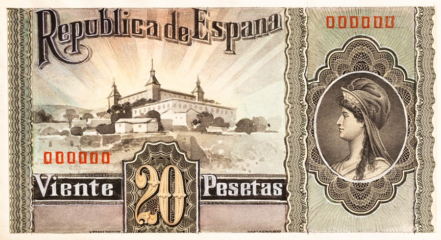 Leonard Douglas Fryer (British, 1891-1965), currency artwork - Spain - watercolour design for 20