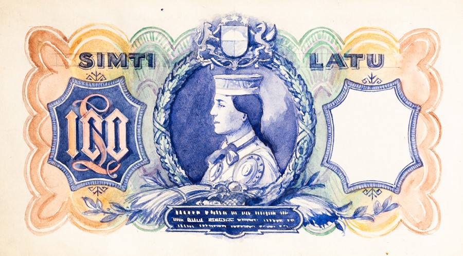 Leonard Douglas Fryer (British, 1891-1965), currency artwork - Latvia - watercolour design for 100