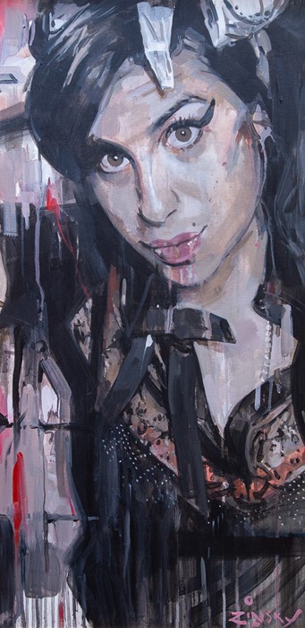 Zinsky original oil on canvas of "Amy Winehouse". Framed. Signed by the artist. 106.5cm x 58cm Note: