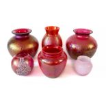 Royal Brierley Studio glass lot consisting of round vases Cranberry 17cm x2, 12cm, tall vase