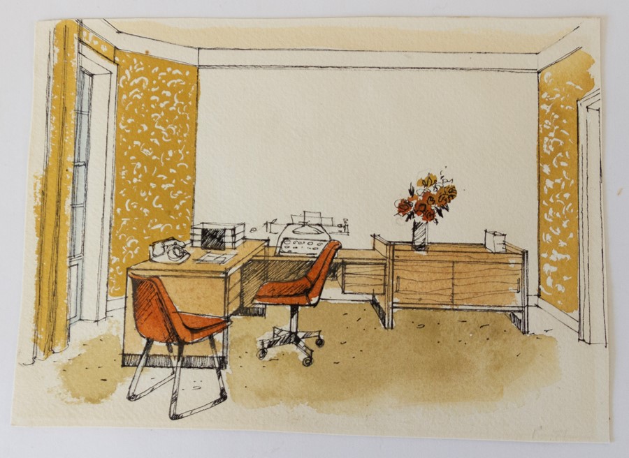 1950’s room design layouts, contemporary primary material, ink and watercolour on paper, showing - Image 3 of 4