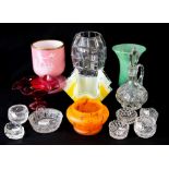 Various glass items including a green mottled vase, orange mottled bowl, yellow Chance
