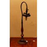 Copper table lamp converted to electricity in mid 20thC retaining original Victorian gas light