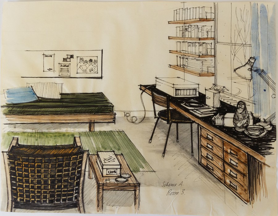 1950’s room design layouts, contemporary primary material, ink and watercolour on paper, showing - Image 2 of 4