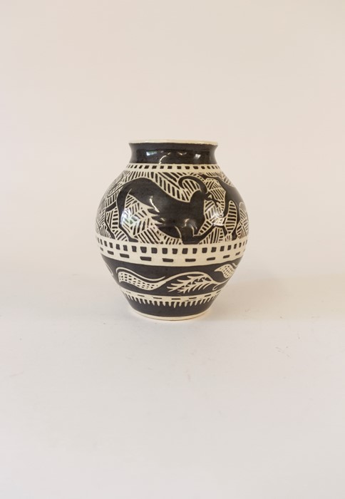 Mid century studio pottery vase decorated with stylised stags grey with cream ground marked D - Image 2 of 4