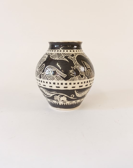 Mid century studio pottery vase decorated with stylised stags grey with cream ground marked D