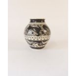 Mid century studio pottery vase decorated with stylised stags grey with cream ground marked D