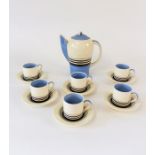 Susie Cooper blue and black stripe coffee set, 6 cups, 6 saucers, coffee pot A/F (13)