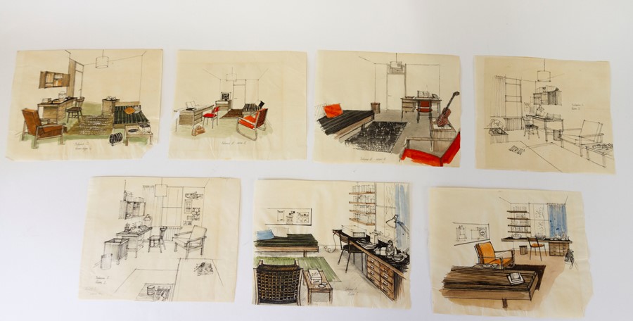 1950’s room design layouts, contemporary primary material, ink and watercolour on paper, showing
