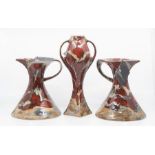 A pair of Black Ryden red - cream handled jugs, together with a two handled vase (3) Largest 27cm