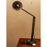 Mid 20thC Anglepoise lamp. Metal arms on a heavy base. Dark green.
