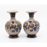 Pair Doulton vases - blue, brown, green. Ht 14.5cm