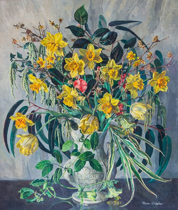 Gwen Whicker - "January Flowers" c.1962, oil on board. Framed 74cm x 85cm