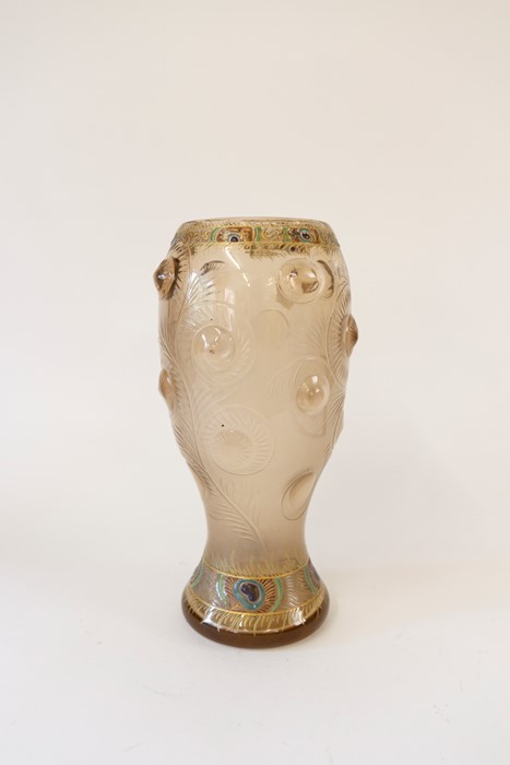 Galle, signed glass vase with Peacock feather design. Height 32cm Condition: Clouding of glass on