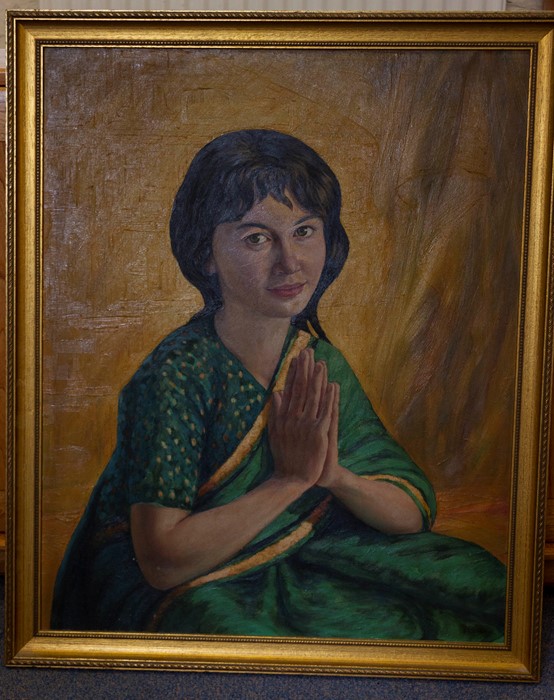 Nance.M, ‘The green sari’ a three quarter portrait of a young woman wearing a green sari with gold - Image 2 of 2