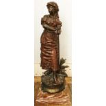 A 19th Century bronze figure 'The Gatherer', by Eutrope Bouret (1833 - 1906), raised on a red marble