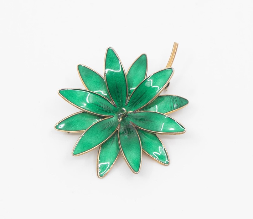 Oslo Hroar Prydz-Modernist circa 1960's green guilloche enamel brooch, in the form of a flower,