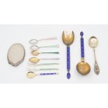 J. Tostrup, a pair of Norwegian silver-gilt and enamel salad servers, stamped sterling Norway,