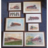Four hand painted pictures of early 20th century trains, signed, dated J.Leonard Rushton 1929 with
