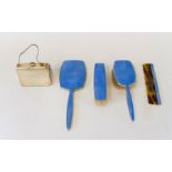Art deco blue enamelled four piece brush and mirror set and a 1950/60s compact and cigarette box