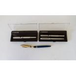 A Sheaffer white spot fountain pen with 14K mb, Parker ballpoint and fountain pen C60 Parker 25