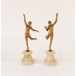 A pair of art deco spelter nude female figurines, raised in marble plinths in the manner of Joseph
