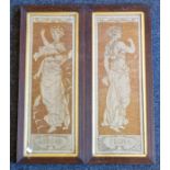 Pair of oak framed art nouveau period embroidered classical figures - 'FLORA' and 'SYRINX'. Framed