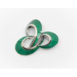 Oslo Hroar Prydz-Modernist silver, emerald green guilloche enamel brooch, three interlocking
