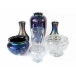 Royal Brierley Studio glass lot consisting of Cranberry vase 10cm, tall blue vase 24cm, blue vase