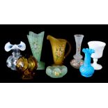 Various glass items consisting of Bagley green vase, Bagley green dish, Bagley Equinox amber bowl,