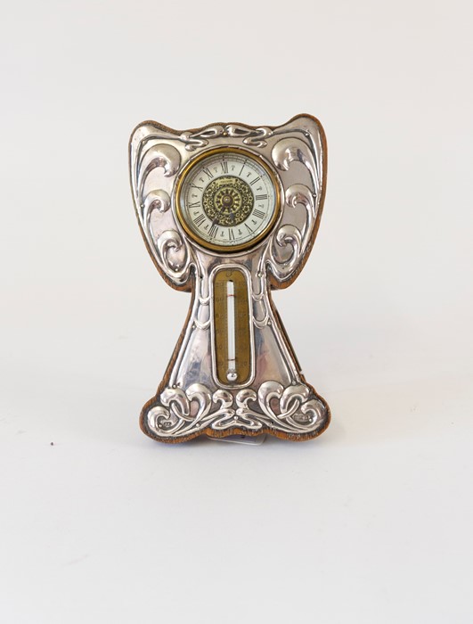 An art nouveau silver faced clock with small temperature gauge, silver hallmarked Birmingham 1907.