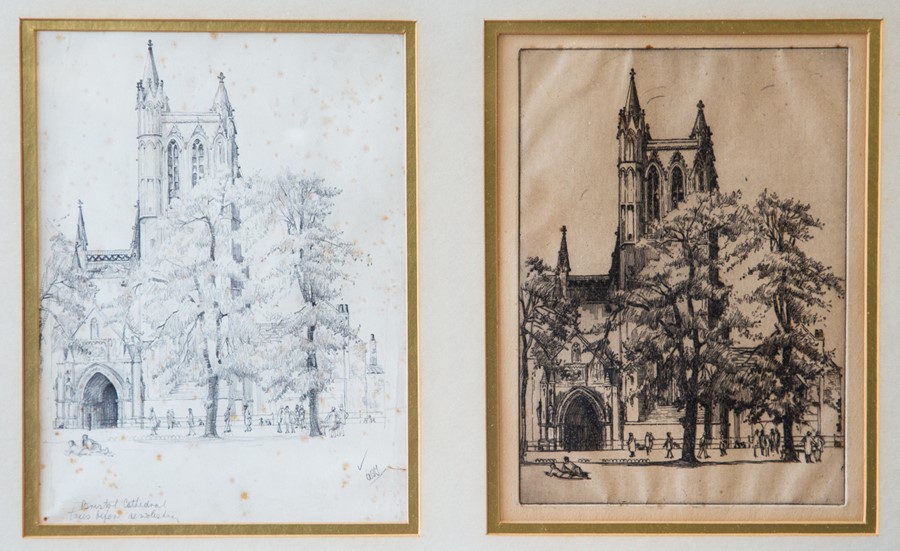 Gwendoline Cross, Views of Bristol Cathedral - two etchings framed together. Framed size 55cm x