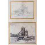 Gwendoline Whicker, Tower Bridge - two etchings framed together. Framed 46cm x 65cm