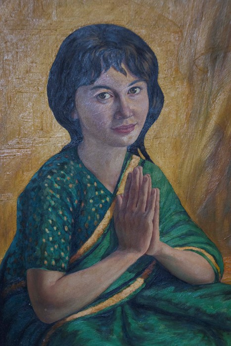 Nance.M, ‘The green sari’ a three quarter portrait of a young woman wearing a green sari with gold