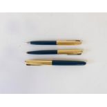 Set of three Parker 51 pens, pencils, circa 1950 with gold plated caps