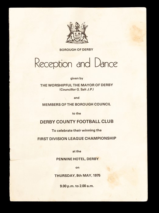 Derby County: A Derby County Championship Celebration Dinner Menu, The Pennine Hotel, 8th May