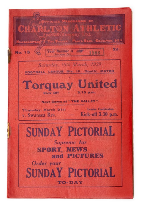 Charlton Athletic: An official match programme, Charlton Athletic v. Torquay United, 16/3/1929,