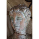 Terracotta Female Bust with Verdigris together with a Stoneware painted garden ornament of a child