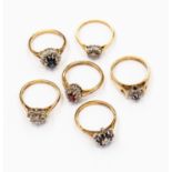 A collection of six 9ct gold dress rings to include three sapphire and diamond set versions,