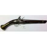 Flintlock pistol with 275mm long barrel. Approx 16mm bore. Unsigned. Brass trigger guard and butt.